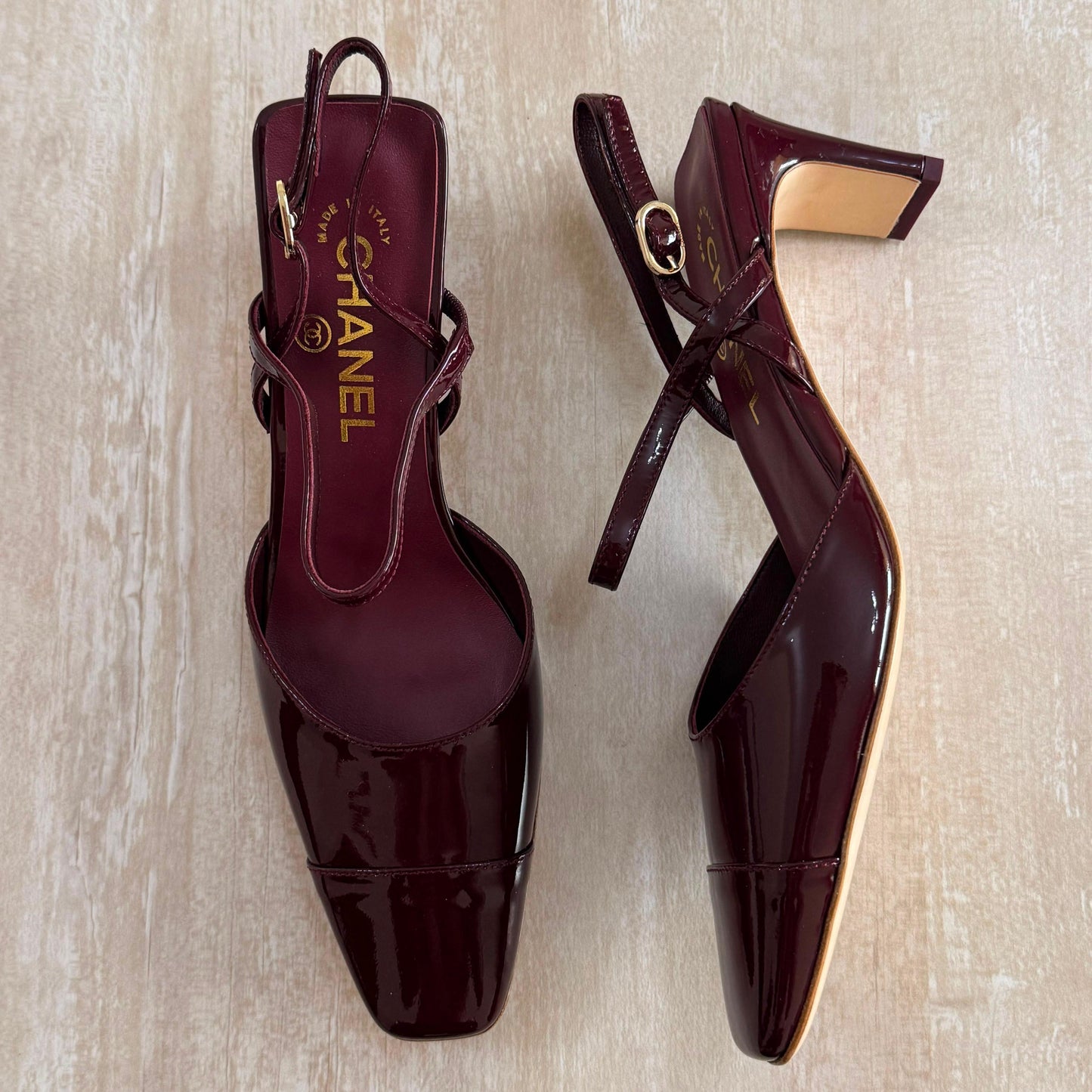 Chanel Patent Calfskin Square-Toe Slingback Pumps