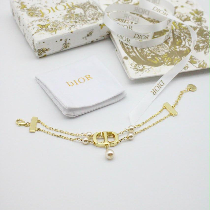Christian Dior Petit CD Double Chain Faux Pearl Bracelet