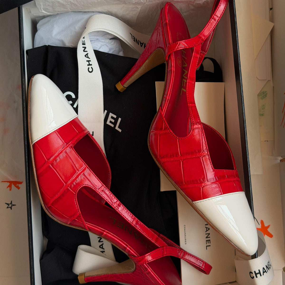 Chanel Crocodile Embossed Calfskin & Patent Calfskin Slingbacks