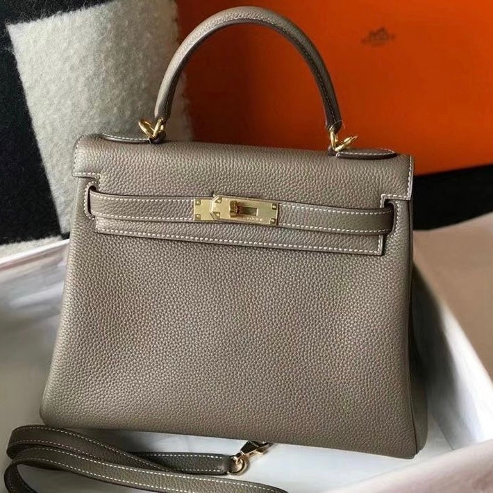 Hermes Kelly bag 25 Retourne Etoupe grey Togo leather Silver