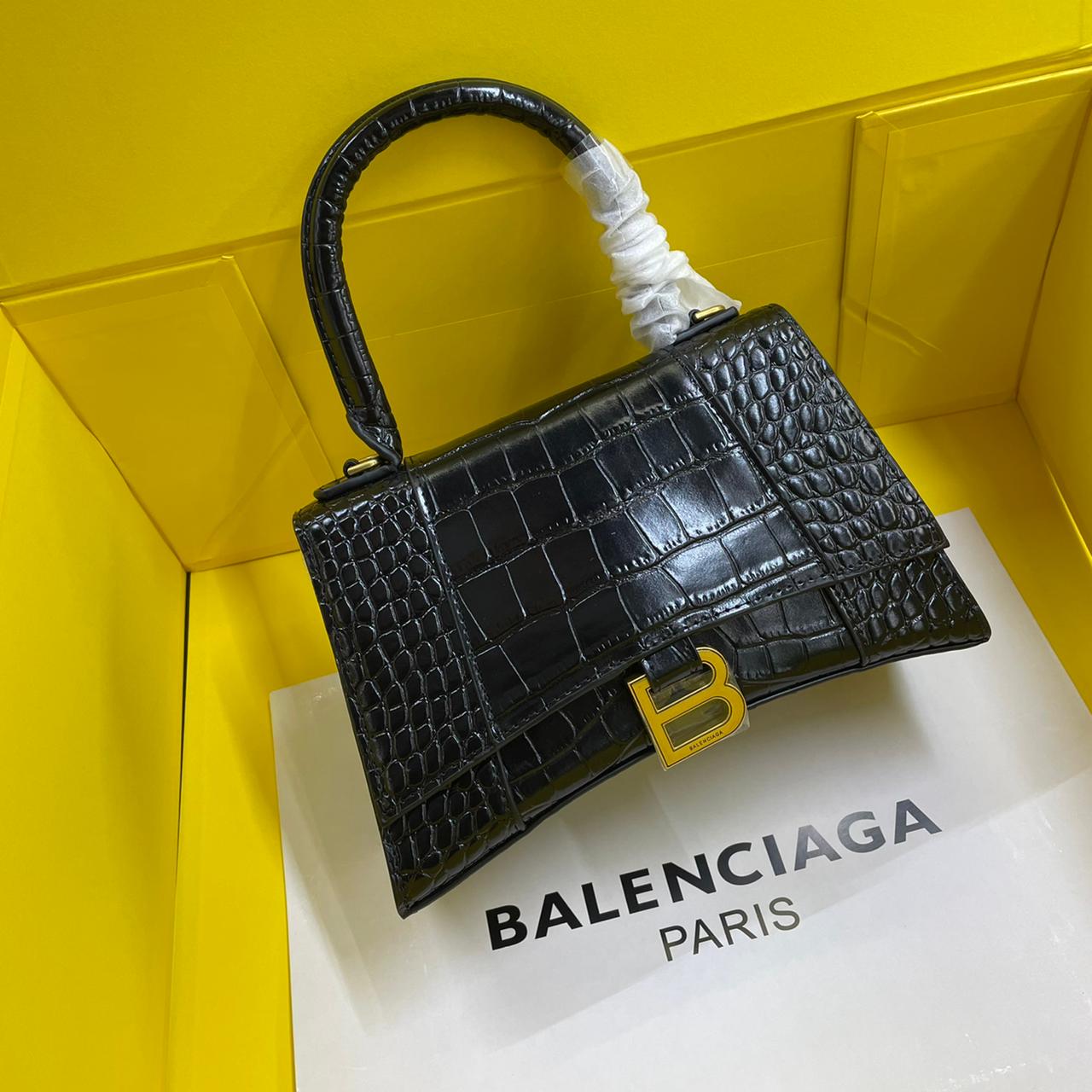 Balenciaga Hourglass Medium Crocodile Embossed Leather Bag in Black