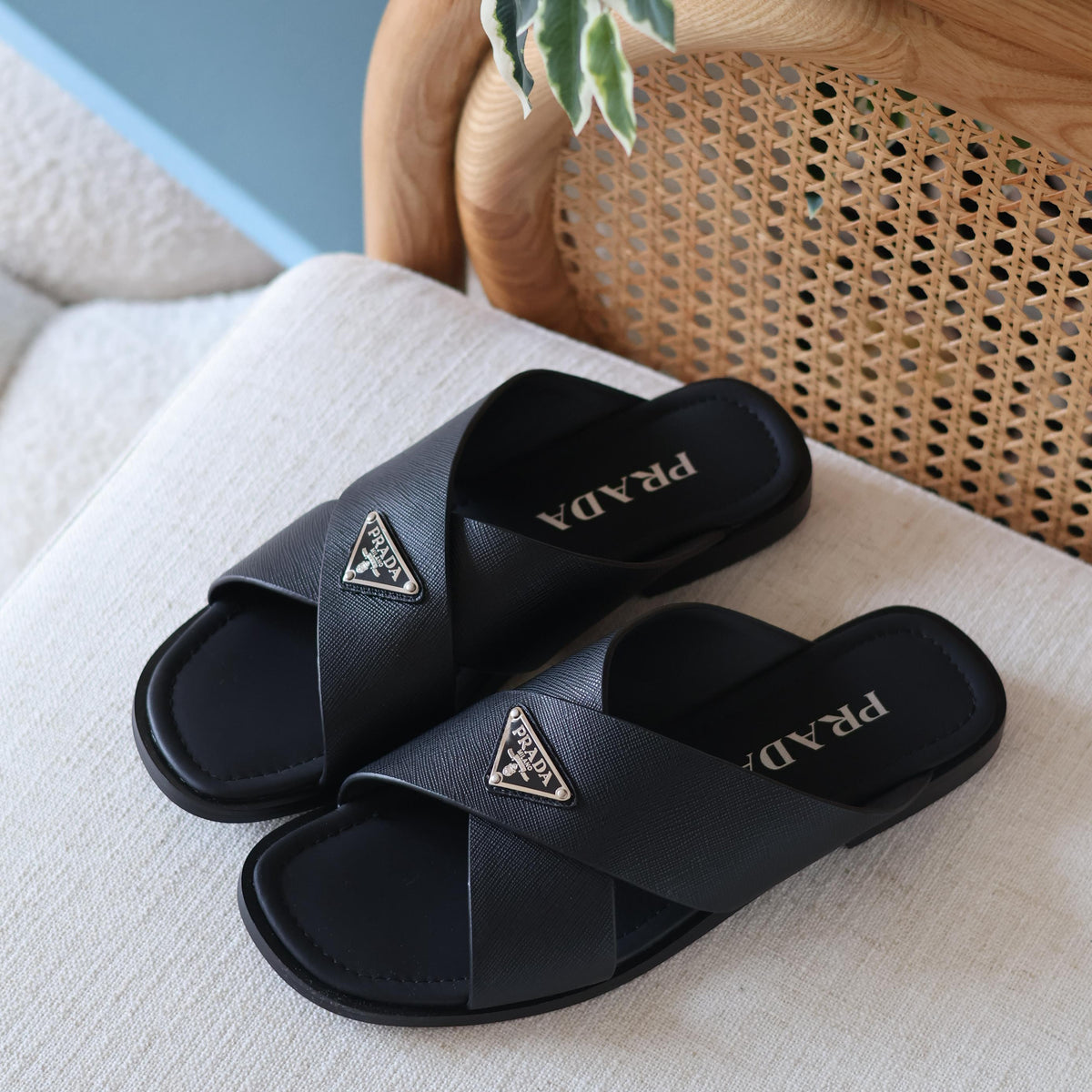 Prada Saffiano Leather Crisscross Slippers Men