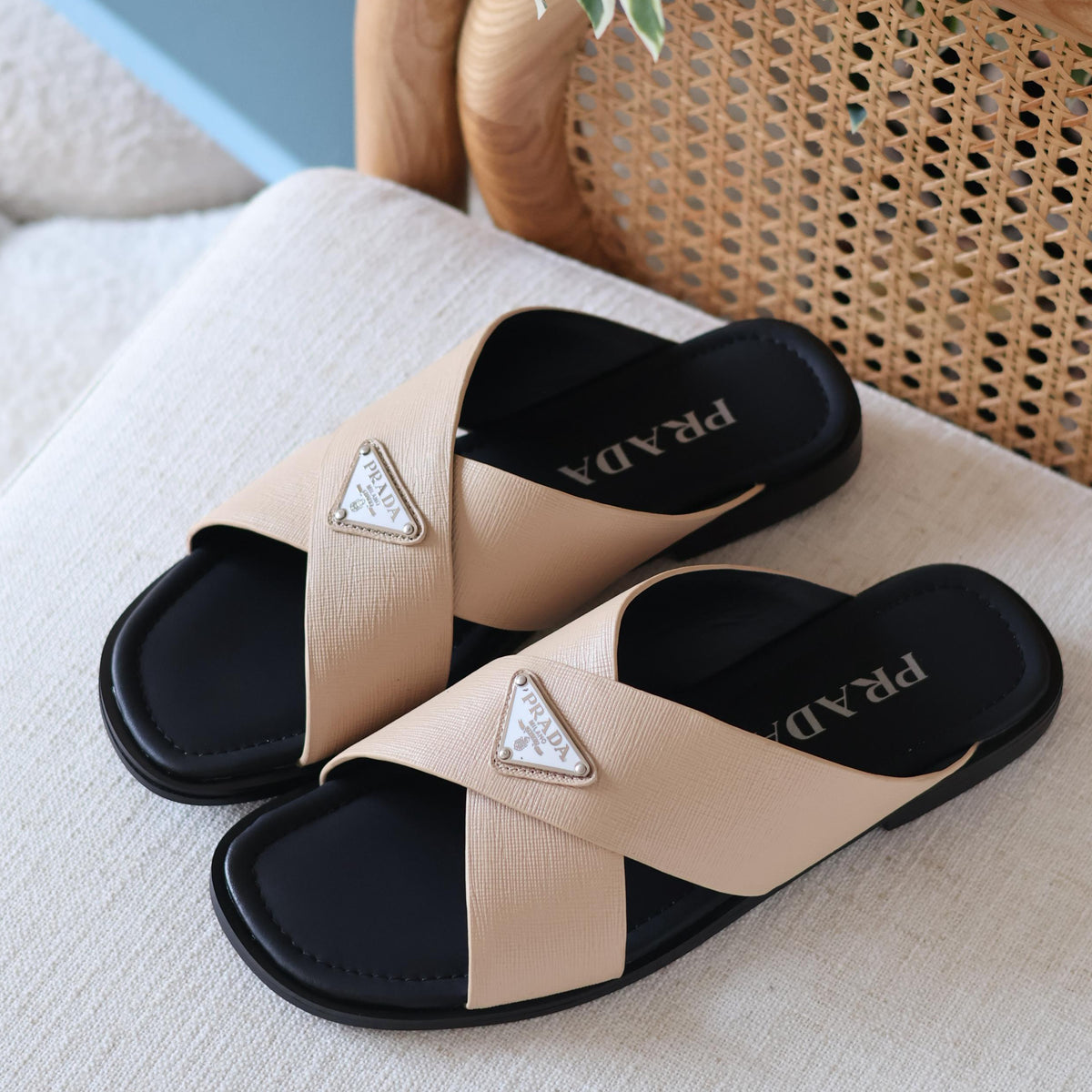 Prada Saffiano Leather Crisscross Slippers Men