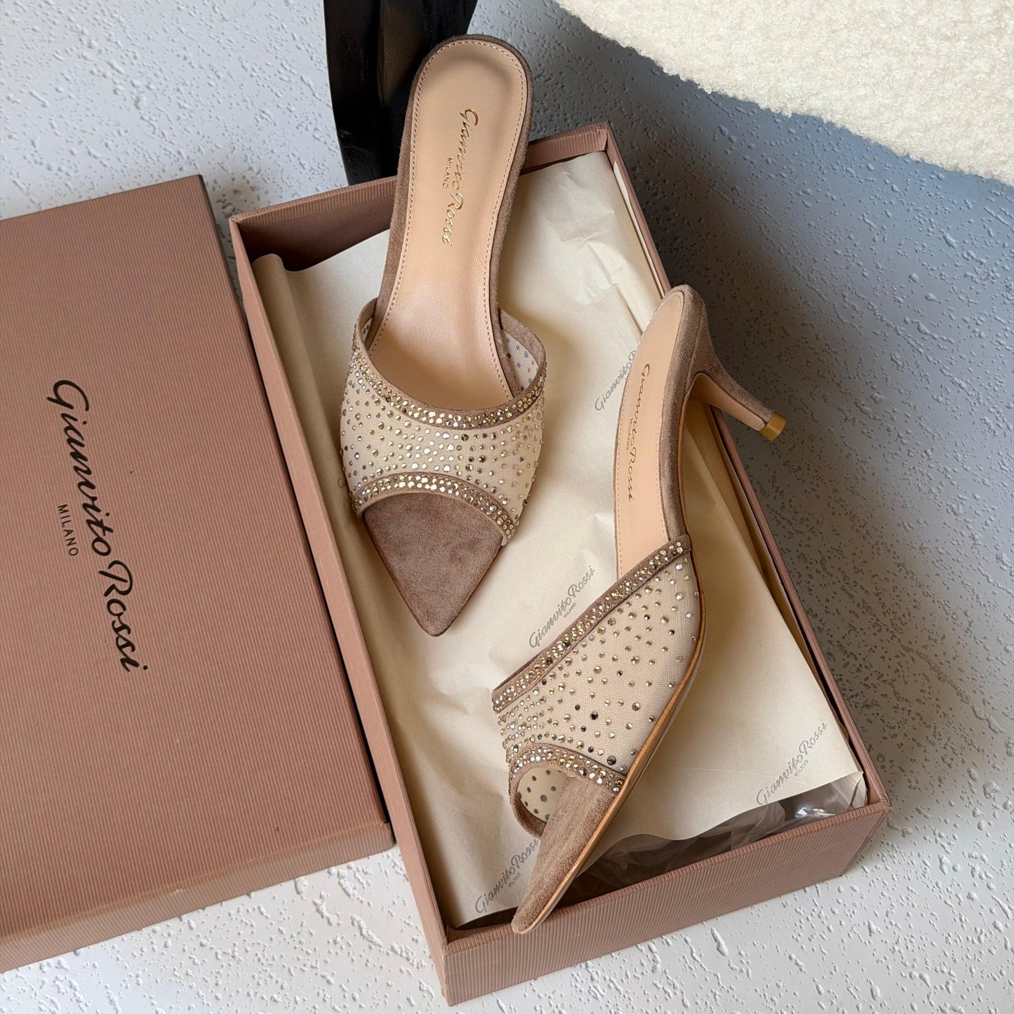 Gianvito Rossi Rania 85 Mesh and Suede Heeled Mules