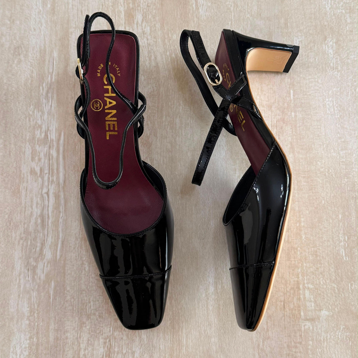 Chanel Patent Calfskin Square-Toe Slingback Pumps