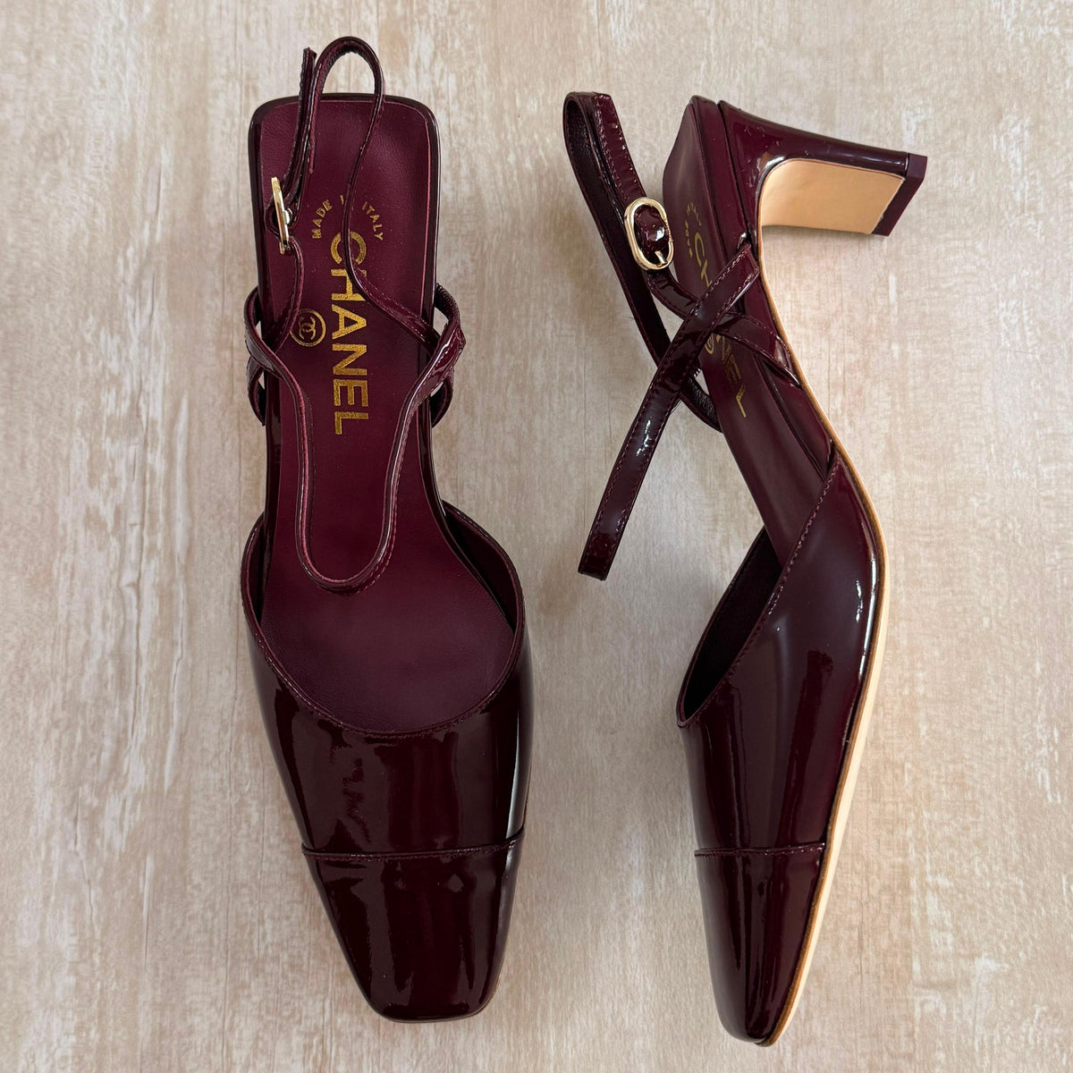 Chanel Patent Calfskin Square-Toe Slingback Pumps