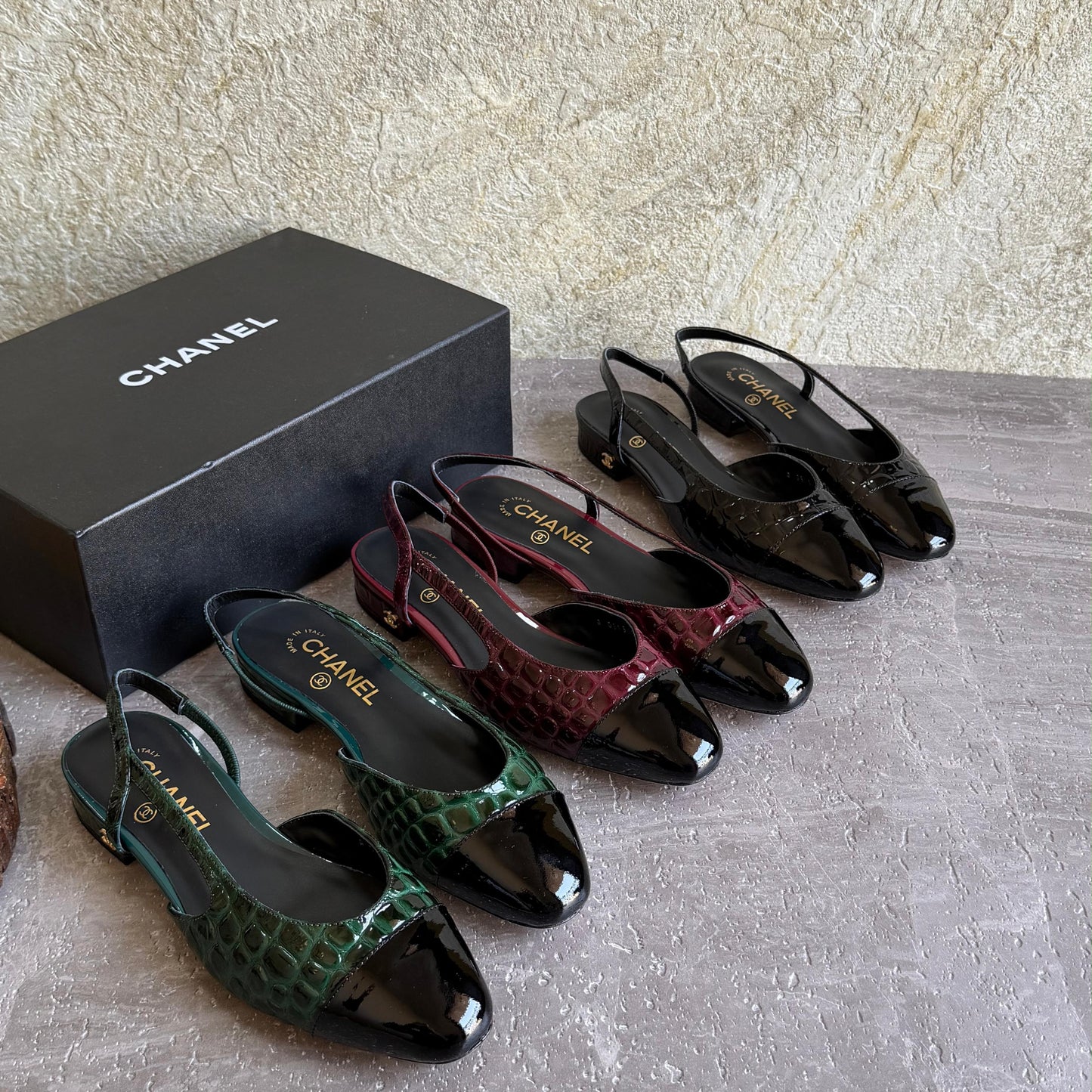Chanel Patent Calfskin Crocodile-Embossed Cap-Toe Slingback Flats