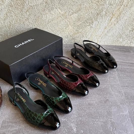 Chanel Patent Calfskin Crocodile-Embossed Cap-Toe Slingback Flats