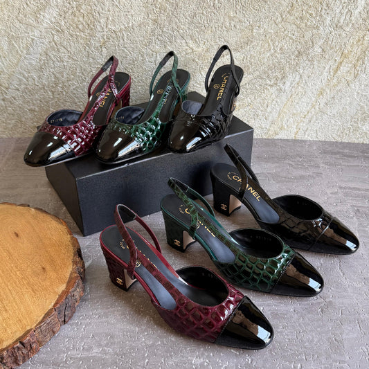 Chanel Crocodile-Embossed Patent Leather Cap-Toe Slingback Pumps