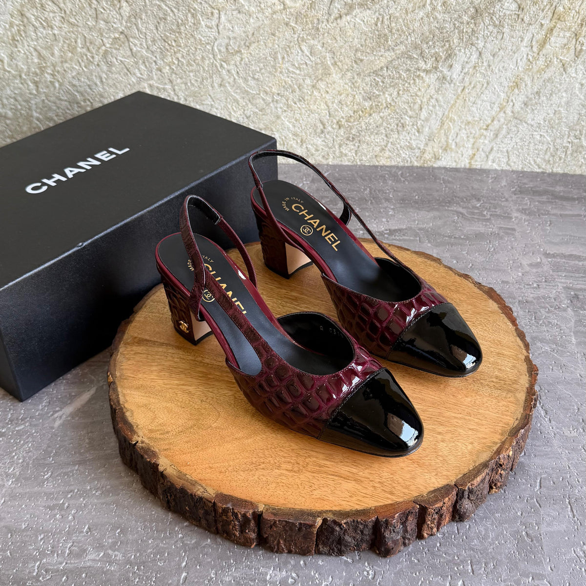 Chanel Crocodile-Embossed Patent Leather Cap-Toe Slingback Pumps