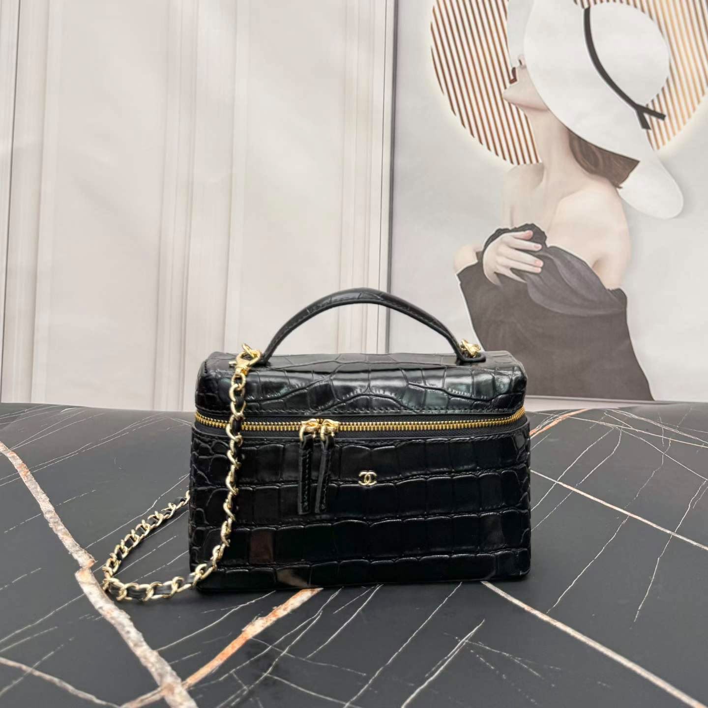 Chanel Crocodile-Embossed Calfskin Vanity Case with Chain