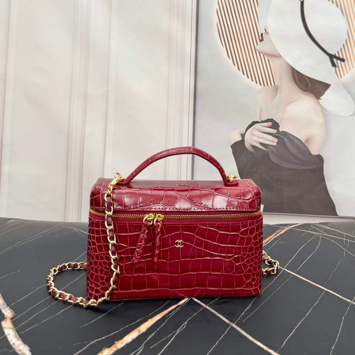 Chanel Crocodile-Embossed Calfskin Vanity Case with Chain