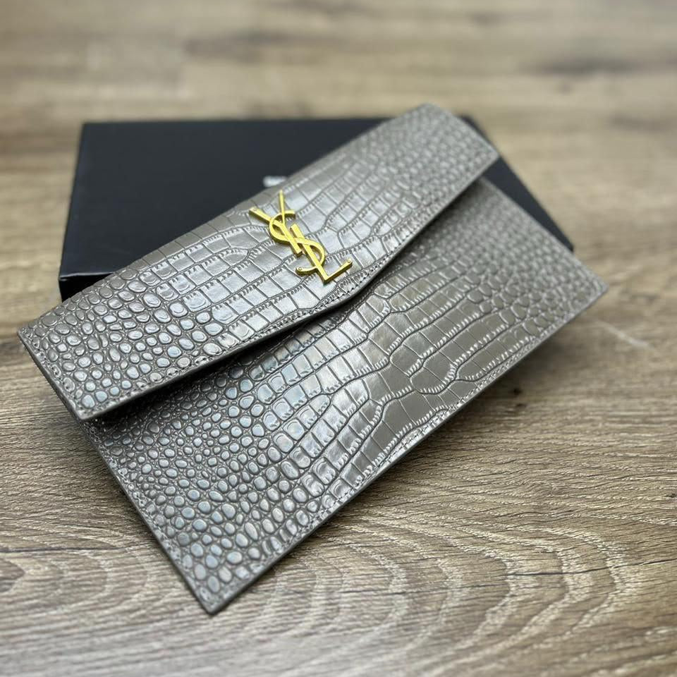 Saint Laurent Uptown Pouch in Crocodile-Embossed Shiny Leather