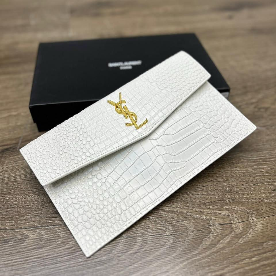 Saint Laurent Uptown Pouch in Crocodile-Embossed Shiny Leather