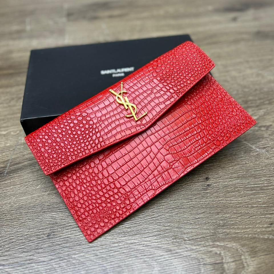 Saint Laurent Uptown Pouch in Crocodile-Embossed Shiny Leather