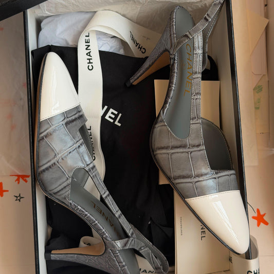 Chanel Crocodile Embossed Calfskin & Patent Calfskin Slingbacks