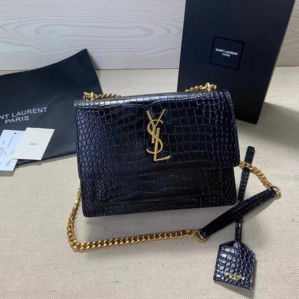 YSL Black Croc Embossed Sunset Medium Chain Bag