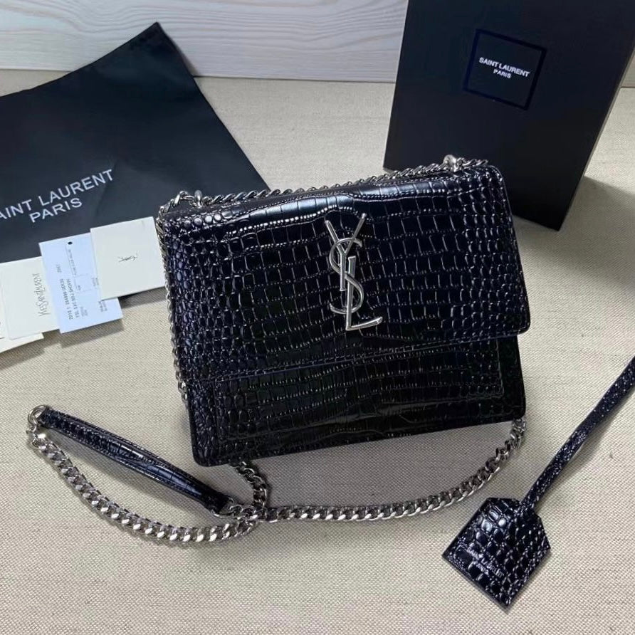 YSL Black Croc Embossed Sunset Medium Chain Bag