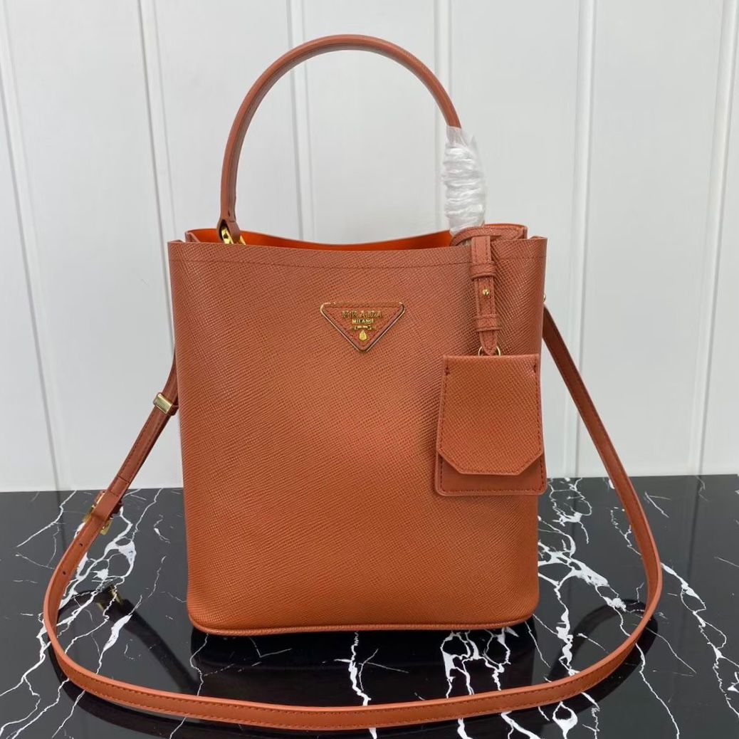 Orange Small Saffiano Leather Prada Panier Bag